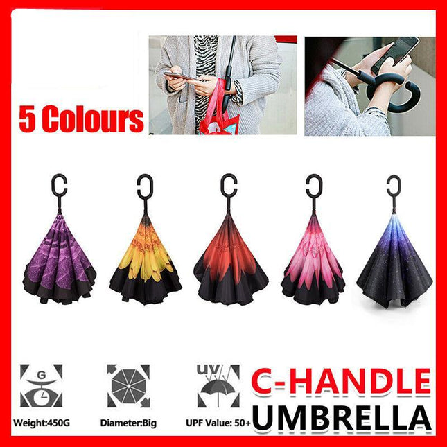 Windproof Upside Down Reverse Umbrella Double Layer Inside-Out Inverted C-Handle - Aimall
