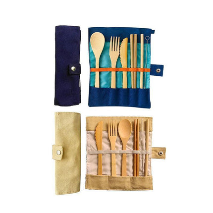 7Pcs Reusable Bamboo Cutlery Set Eco Friendly Camping Travel Fork Kit Portable A - Aimall