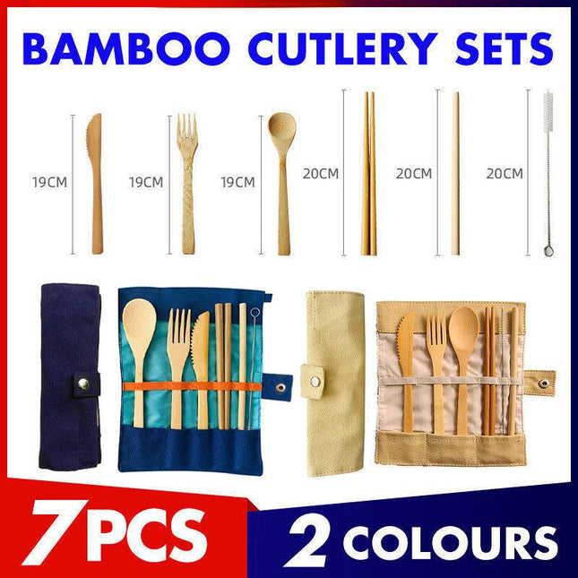 7Pcs Reusable Bamboo Cutlery Set Eco Friendly Camping Travel Fork Kit Portable A - Aimall