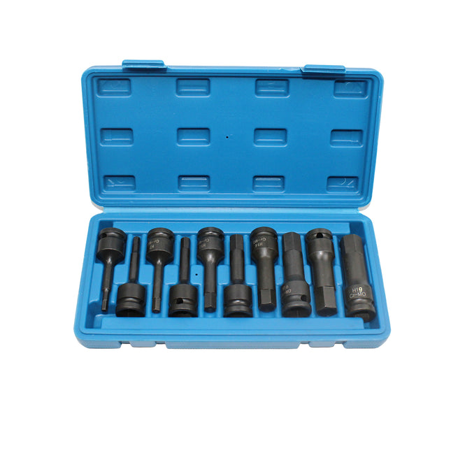 10 Piece Impact Hex Socket Bit Set 1/2 Inch Drive Metric H5 to H19 with Storage Case