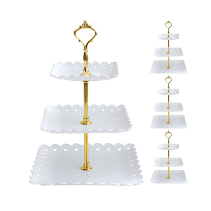 4PCS Set 3 Tier Cake Display Stand White with Gold Accents for Dessert Party