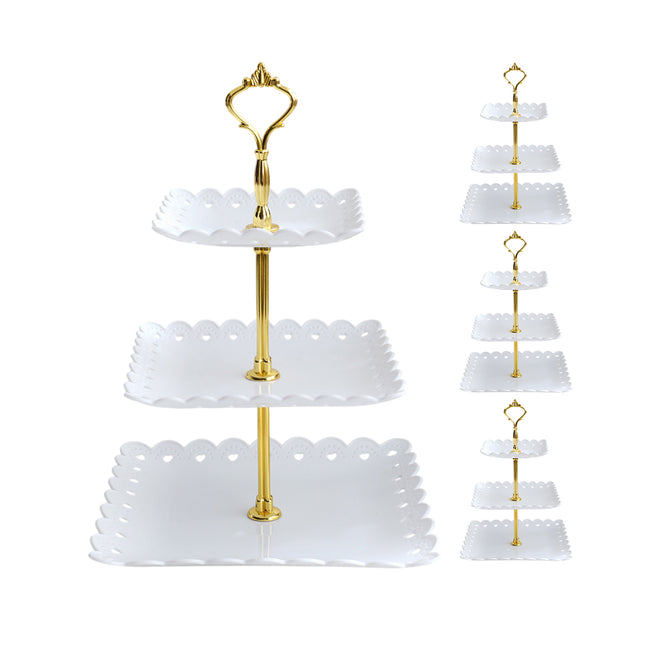 4PCS Set 3 Tier Cake Display Stand White with Gold Accents for Dessert Party