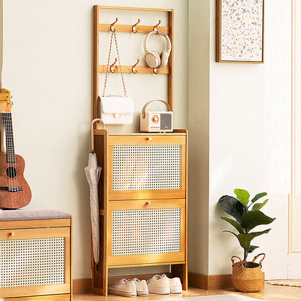 Slim Bamboo Shoe Cabinet Tipping Door with Hooks Entryway Shoe Rack