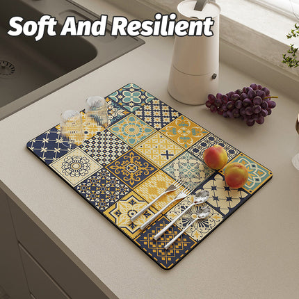 Kitchen Drain Mat Absorbent Polyester Non-Slip Back Tile Pattern