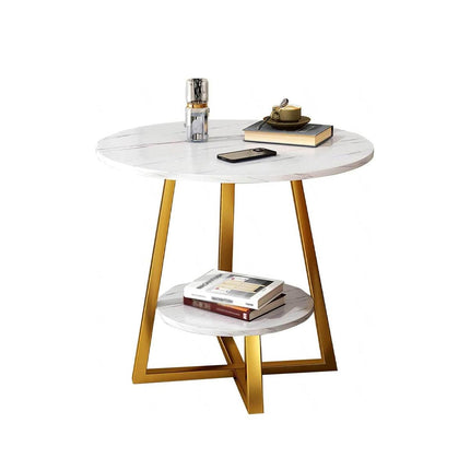 Round Side Table 2 Tier White Nightstand Coffee Sofa End Table Marble Design