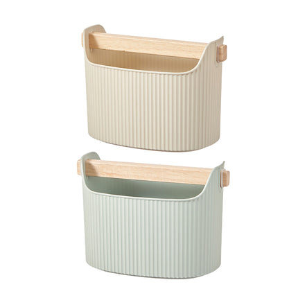 Desktop Storage Box 2PCS Ribbed Solid Wood Handle Cream Mint Home Bathroom