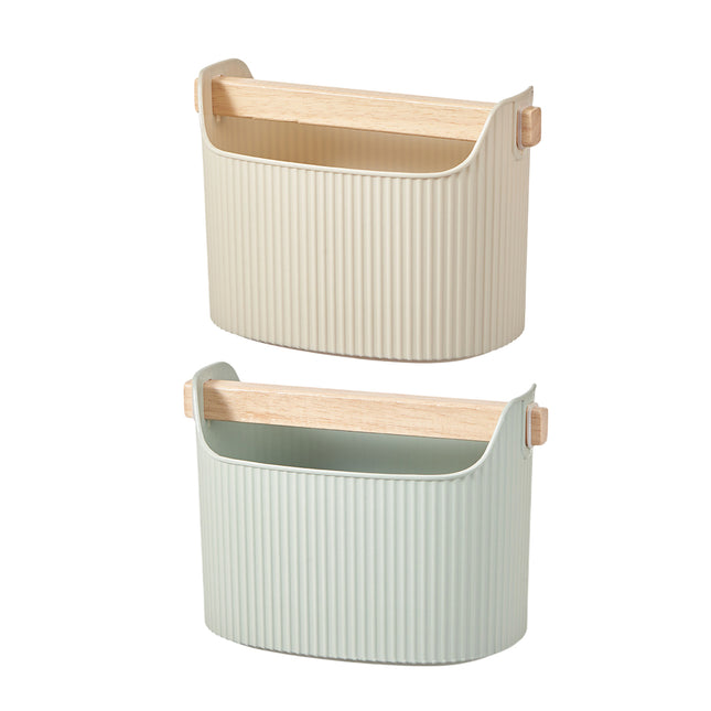 Desktop Storage Box 2PCS Ribbed Solid Wood Handle Cream Mint Home Bathroom