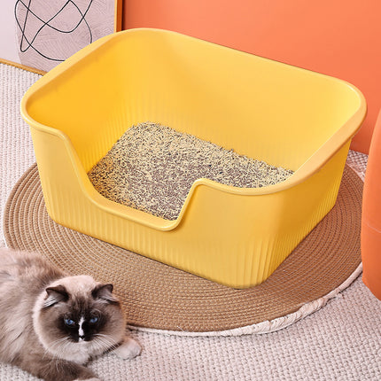 Large Cat Litter Box Open Toilet Semi Enclosed Yellow Tray Splash Proof Pet