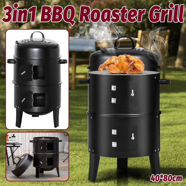 3in1 Portable Charcoal Vertical Smoker BBQ Roaster Grill Steel Water Steamer