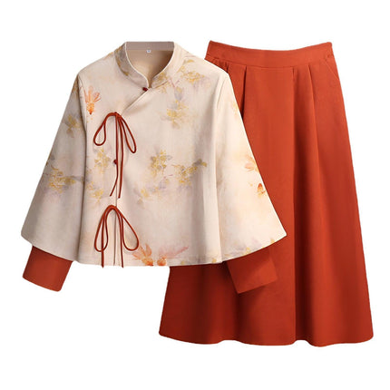 Autumn Winter New Chinese Style Cheongsam Top Women girl Fashion Improved Skirt Dress Suit - Aimall
