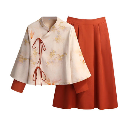 Autumn Winter New Chinese Style Cheongsam Top Women girl Fashion Improved Skirt Dress Suit - Aimall