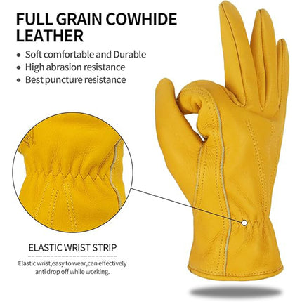 Golden Yellow Cowhide Work Gloves Full Finger Gardening DIY Home Maintenance Use