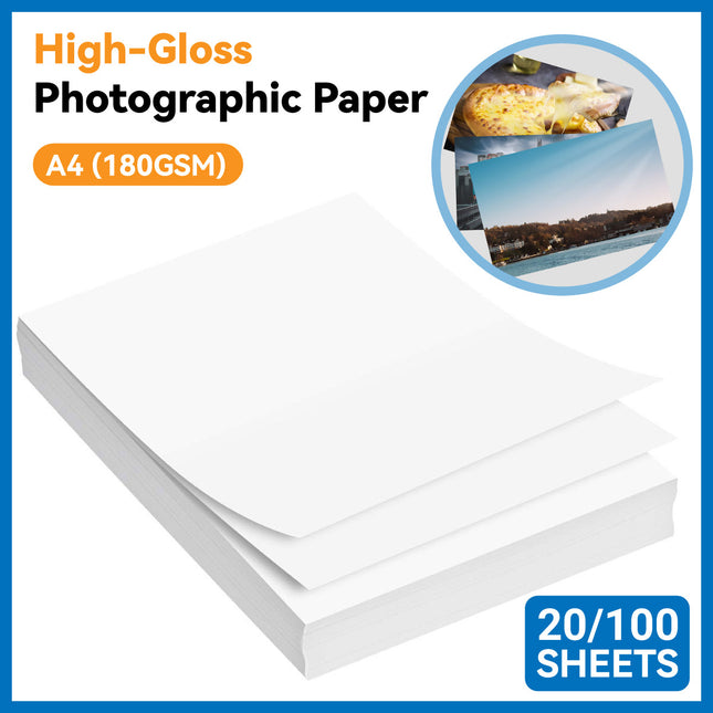 A4 Photo Paper 180GSM High-Gloss Inkjet Printer 20 or 100 Sheets Pack