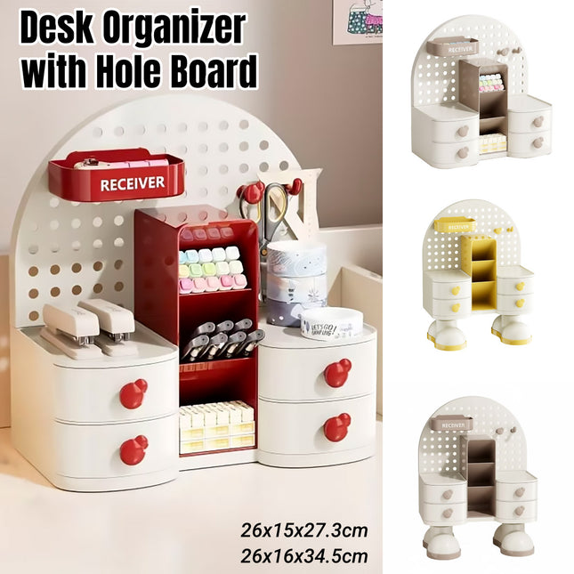 Desk Organiser with Pegboard 2 Drawers Compartments Office Home Stationery