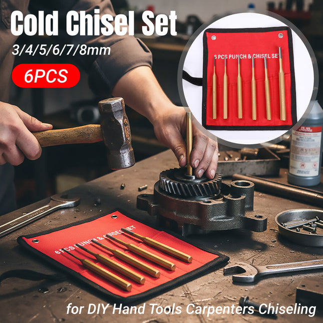 6PCS Pin Punch Set 3-8mm Cr-Mn Steel Red Pouch for Automotive Garage Workshop