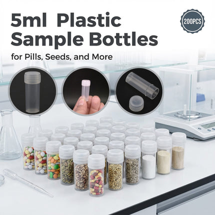 200PCS 5ml Plastic Sample Bottles Transparent with Lids Durable for Pills Seeds