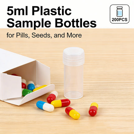 200PCS 5ml Plastic Sample Bottles Transparent with Lids Durable for Pills Seeds