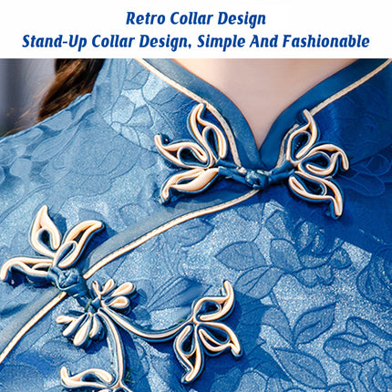 Blue Cheongsam Dress Long Retro Elegant Style Traditional Chinese Qipao Vintage