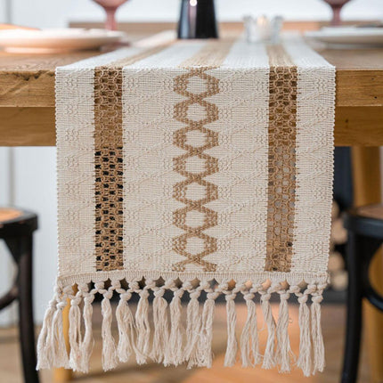Cotton Linen Table Runner with Knot Tassel Bed End Towel Long Tablecloth Mat