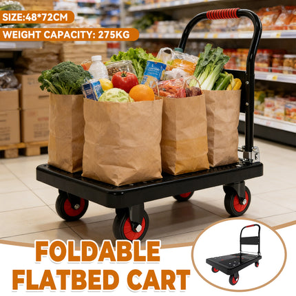 Folding Flatbed Trolley Cart 72x48cm Silent Wheels for Warehouse Home Use