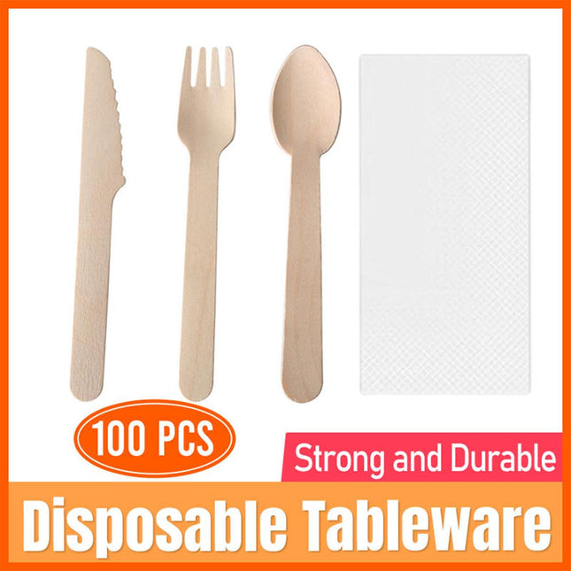 Degradable Wooden Cutlery Set 100pcs Disposable Spoons Forks Knives for Dessert