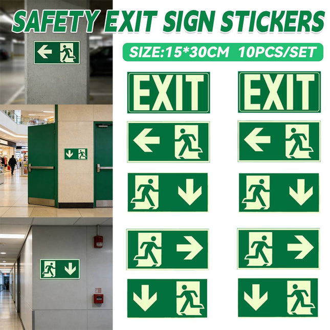 Glow in the Dark Exit Sign Stickers 10 Pack 30x15cm