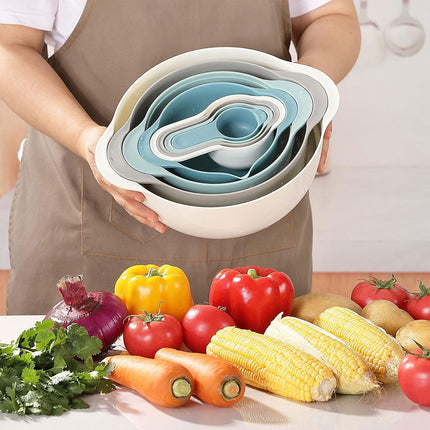 8pcs Plastic Basin Set Drain Basket Washing Mixing Bowl Set Kitchen Baking Tools