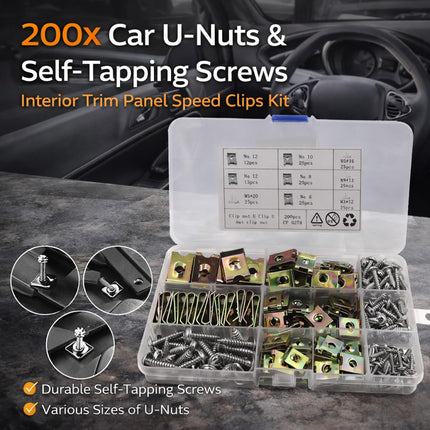 200PCS U-Shaped Nuts and Self-Tapping Screws Kit 4 Sizes Car Fastener Durable