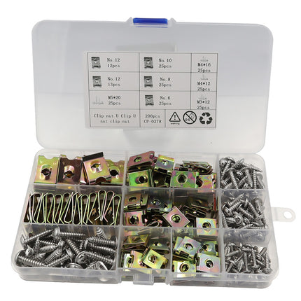 200PCS U-Shaped Nuts and Self-Tapping Screws Kit 4 Sizes Car Fastener Durable