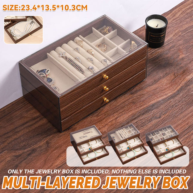 Multi Layer Wooden Jewelry Box Walnut Grain with Compartments Drawers Display