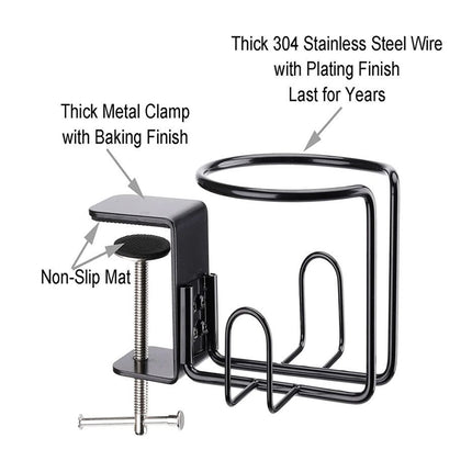 Clip-On Table Cup Holder Metal Cup Tray Adjustable Clip Anti-Slip Base Stable