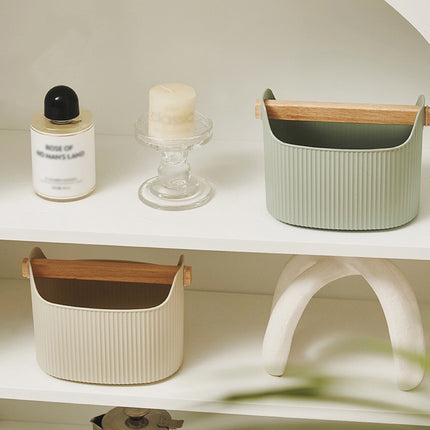 Desktop Storage Box 2PCS Ribbed Solid Wood Handle Cream Mint Home Bathroom