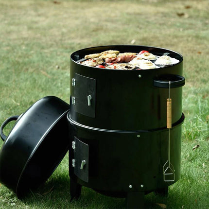 3in1 Portable Charcoal Vertical Smoker BBQ Roaster Grill Steel Water Steamer