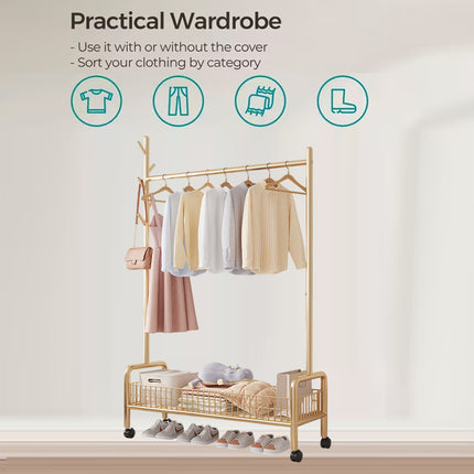 Mobile Clothes Rack with Wheels Sturdy Durable Space Saving for Home Bedroom Use
