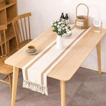 Cotton Linen Table Runner with Knot Tassel Bed End Towel Long Tablecloth Mat