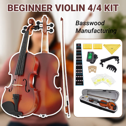 Beginner Violin 4/4 Full Size Linden Wood Complete Music Learning Set with Bow and Case