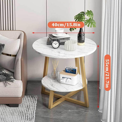 Round Side Table 2 Tier White Nightstand Coffee Sofa End Table Marble Design