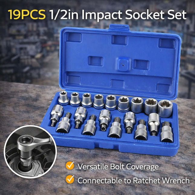 19PCS E-Type Socket Screwdriver Bit Set 1/2inch Drive Professional Auto Repair Tool