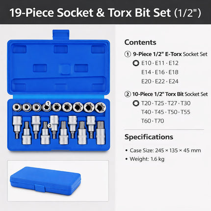 19PCS E-Type Socket Screwdriver Bit Set 1/2inch Drive Professional Auto Repair Tool