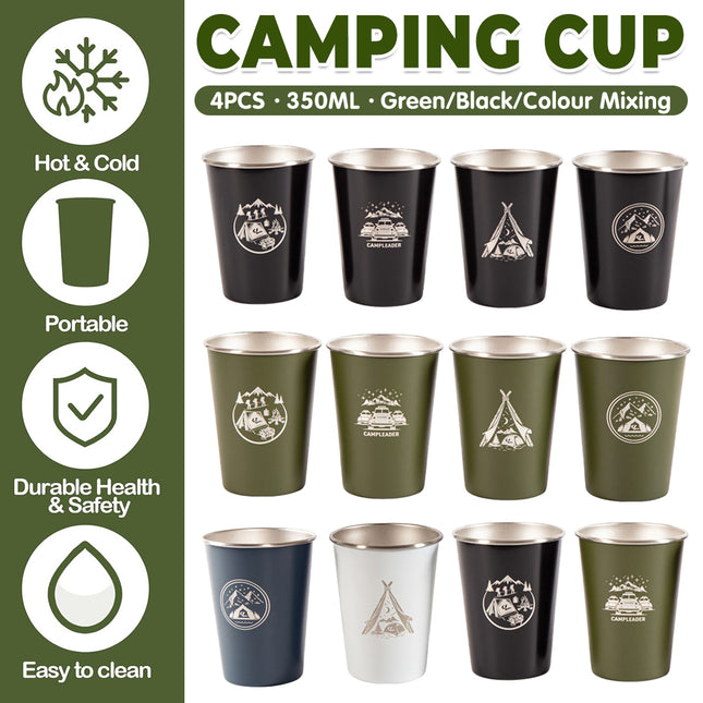Set of 4 Outdoor 304 Stainless Steel Cups Coffee Tea Beer Camping Water Cups