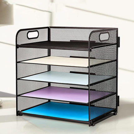 5 Tray Paper Organizer with Handle Mesh Desk File Letter Holder Black Storage