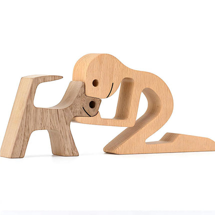 Handmade Wooden Statue Sitting Family and Dog Craft Home Decor