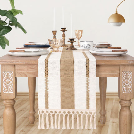 Cotton Linen Table Runner with Knot Tassel Bed End Towel Long Tablecloth Mat