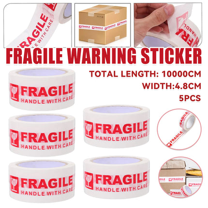 Fragile Handle With Care Tape 5 Rolls 4.8cm x 100m White Red for Packing Moving