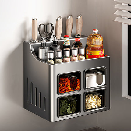 Multifunctional Wall-Mounted Spice Rack with Knife Holder Space Saving Stable