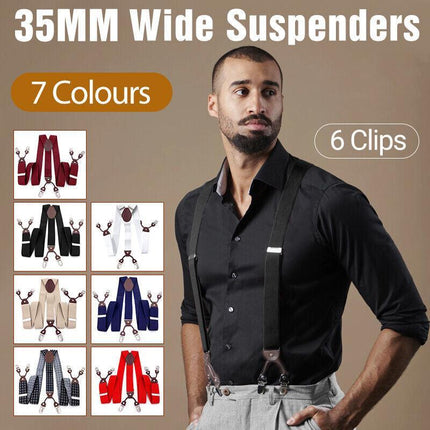 Adjustable 35mm Wide Suspenders for Men with 6 Clips Elastic Leather Braces