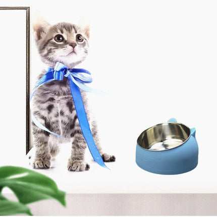 Pet Dog Cat Food Bowl Raised No Slip Stainless Steel Tilted Water Food Feeder