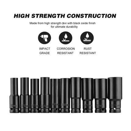 10pcs 8-24mm Impact Socket Set Metric Imperial Drive Air Garage Deep