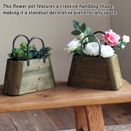 26cm Handbag Shape Flower Pot with Metal Handles in Natural Wood