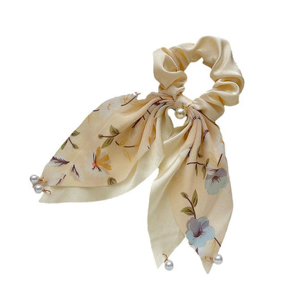 Vintage Boho Silk Bowknot Flower Hair Scrunchies Women Hair Bands Rope Pearl - Aimall